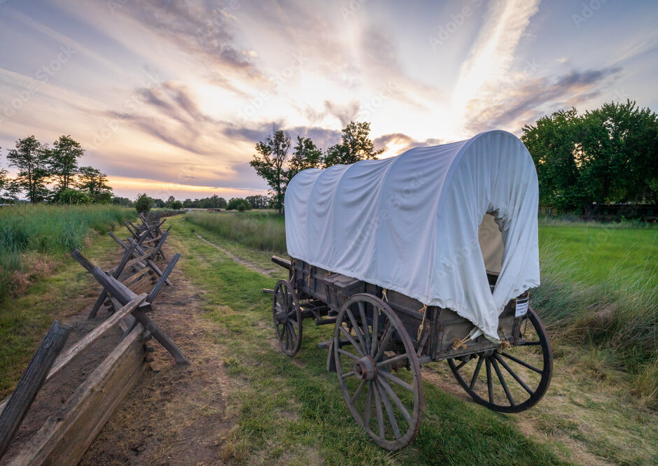 A wagon along the Oregon Trail at the Whitman Mission site.